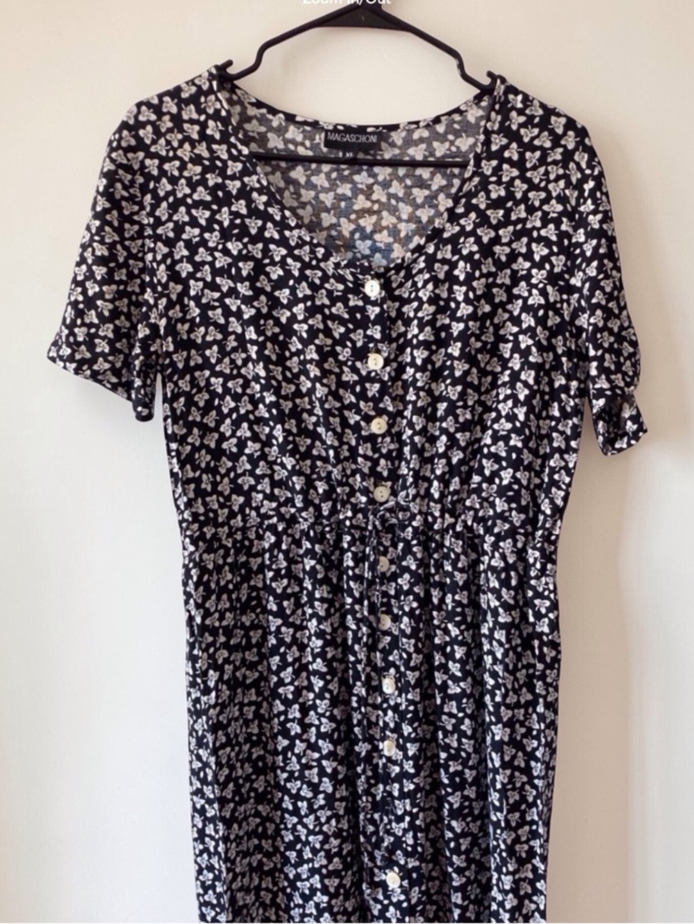 Magaschoni Black White Ditsy Floral Button Front Midi Dress Short Sleeve XL - Picture 3 of 13